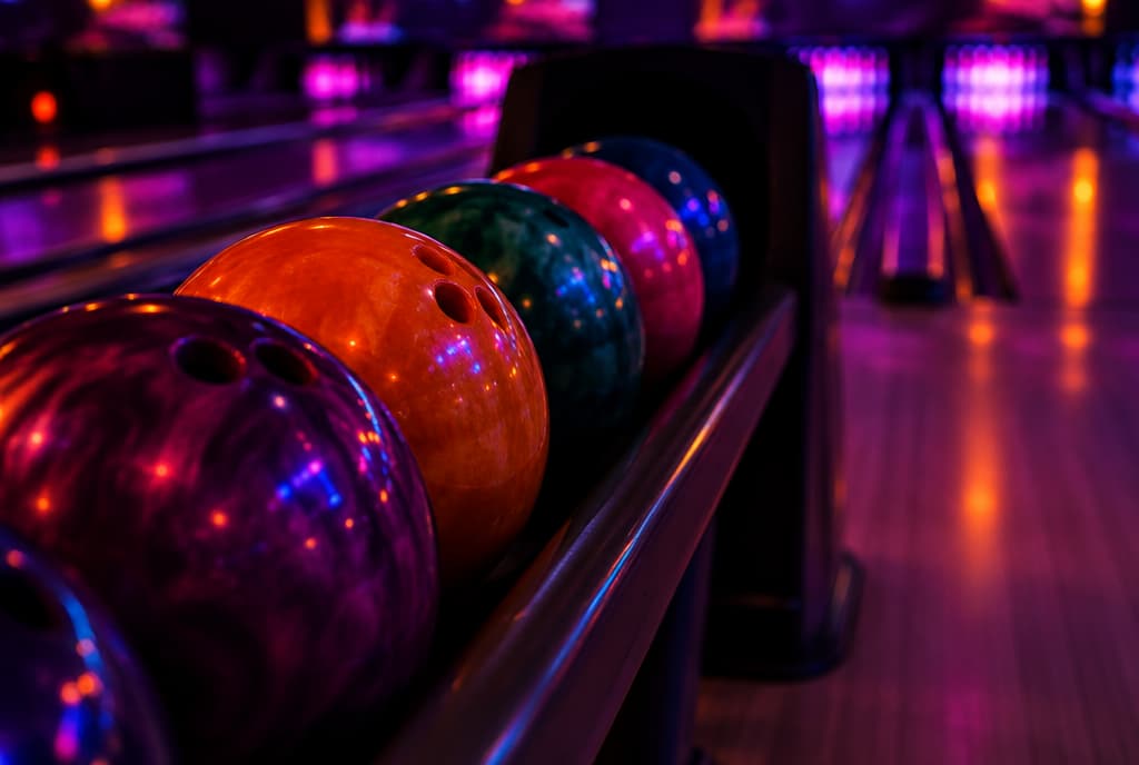 Bowling balls in orange, green, red and purple waiting on the rack under neon light